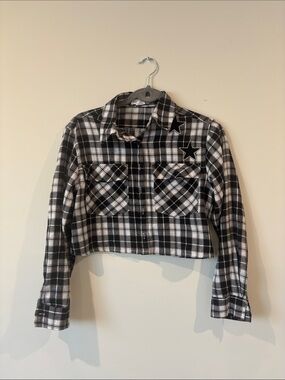Cropped Plaid Button-Up Shirt with Star Patches
